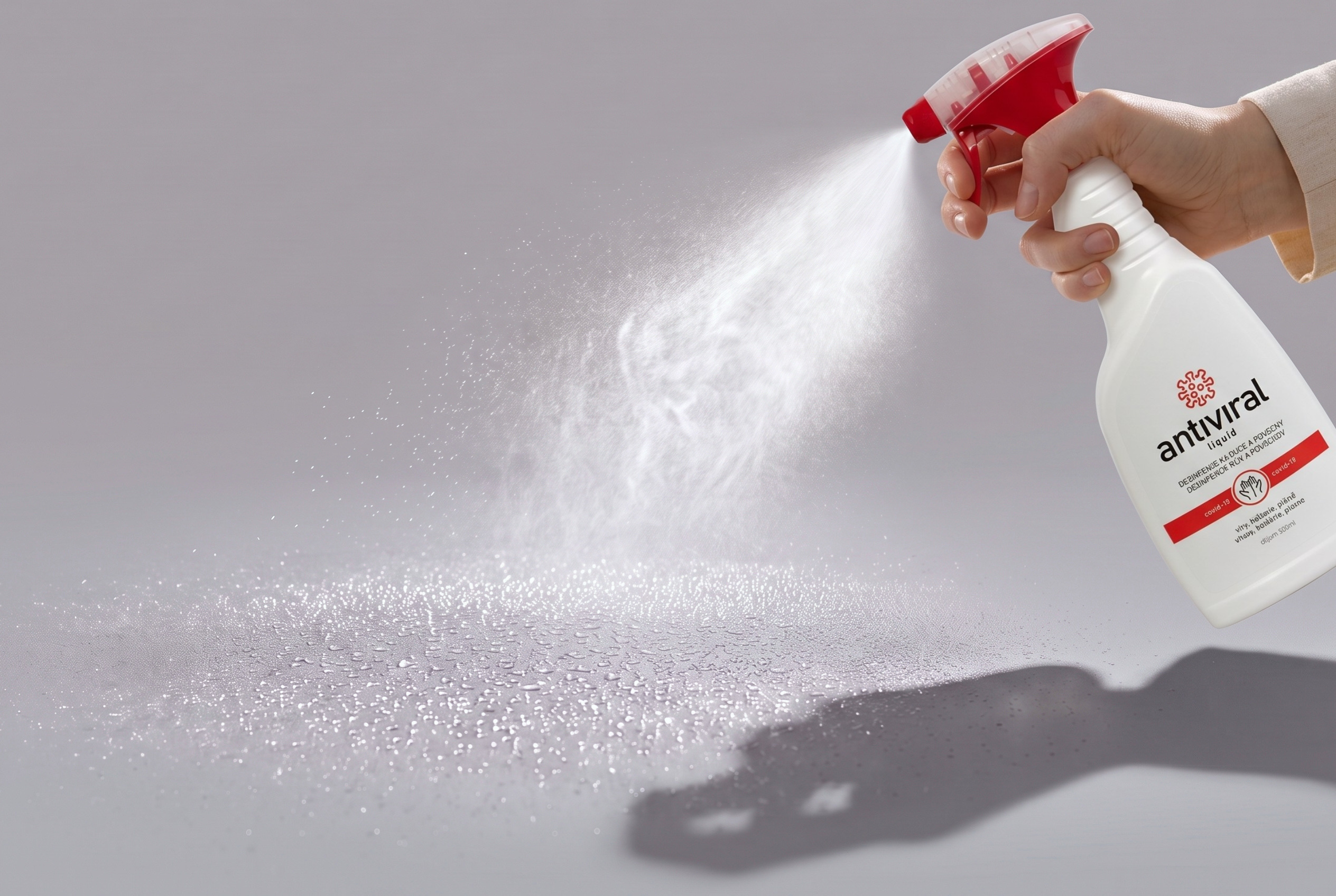 Ruka rozprašuje liquid ANTIVIRAL na povrch, světlá omítka v pozadí