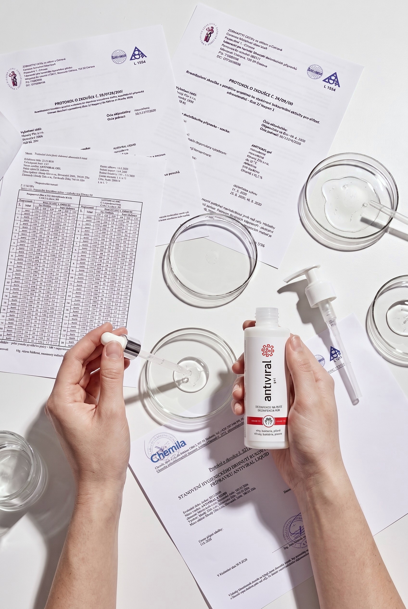 Ilustrační vizualizace: ruce drží lahvičku ANTIVIRAL a kapátko nad petriho miskami, kolem rozložené listy dokumentace